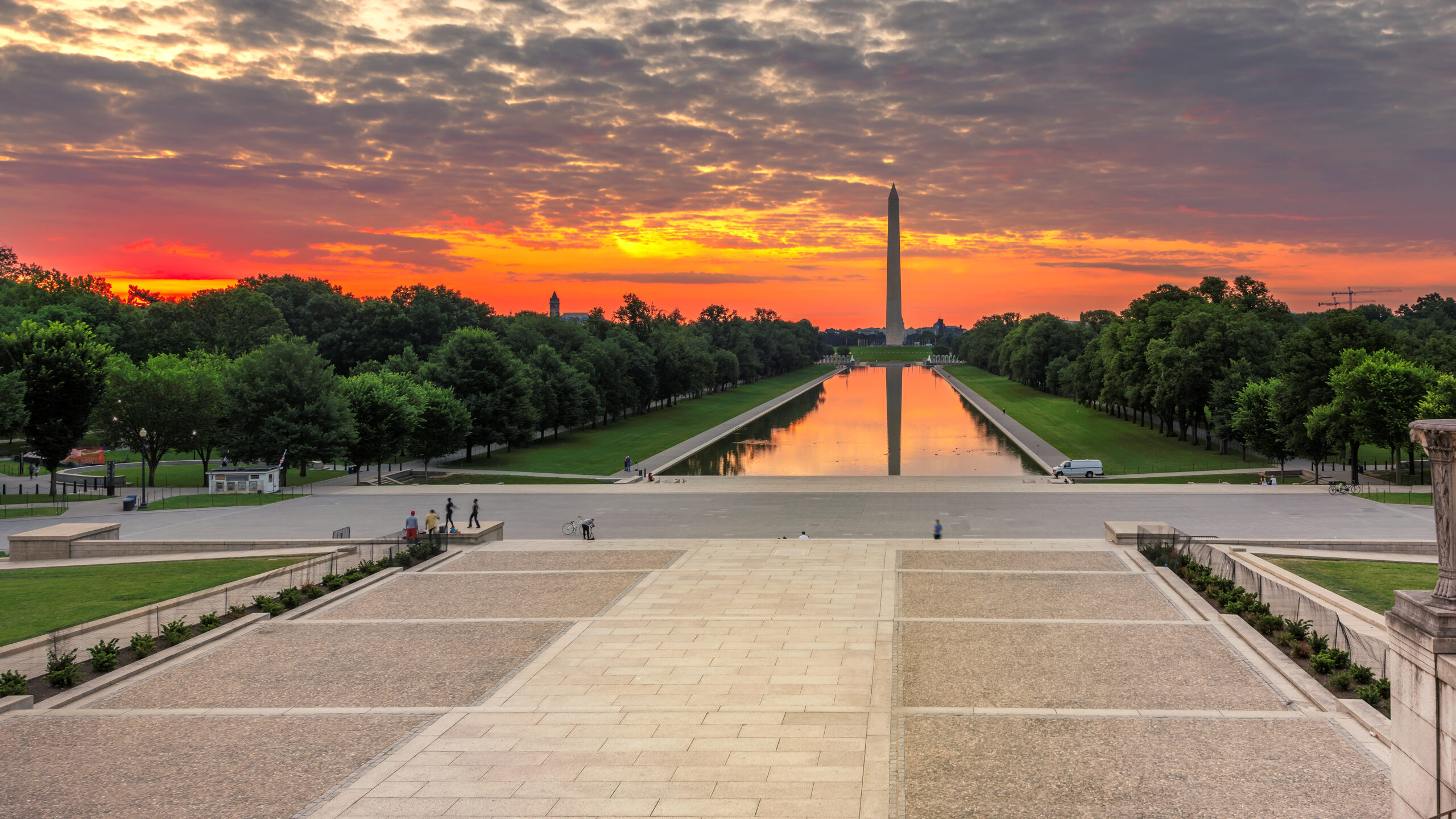 Washington Monument at sunrise from the Lincoln Memorial steps